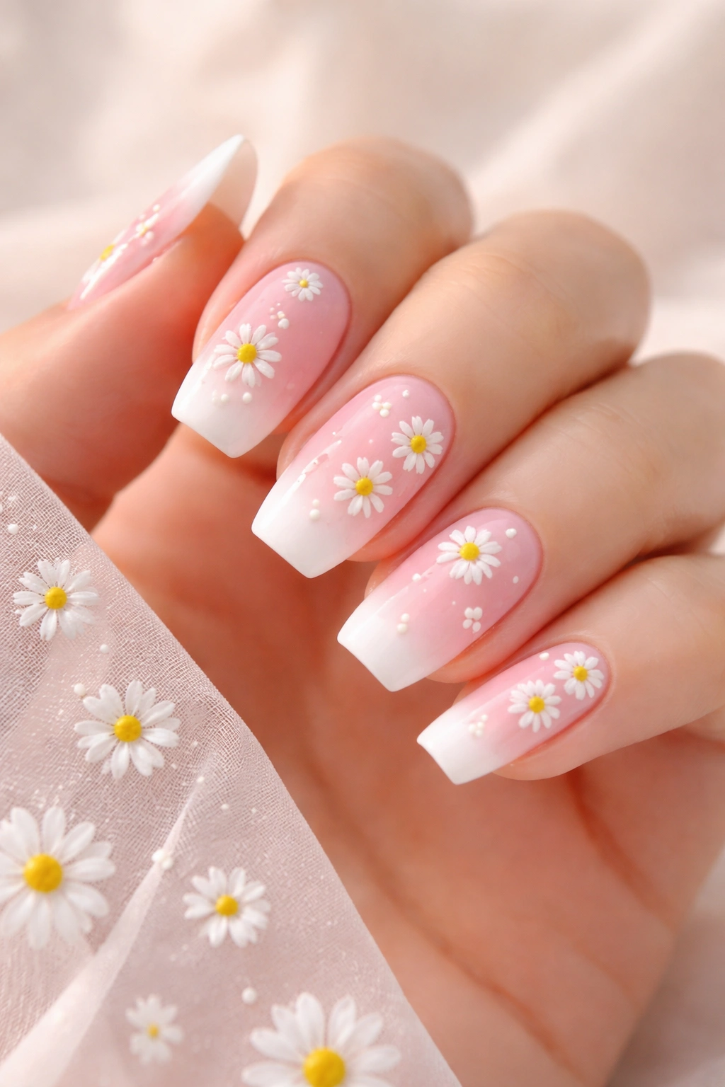 Ombré pink-to-white nails with daisies
