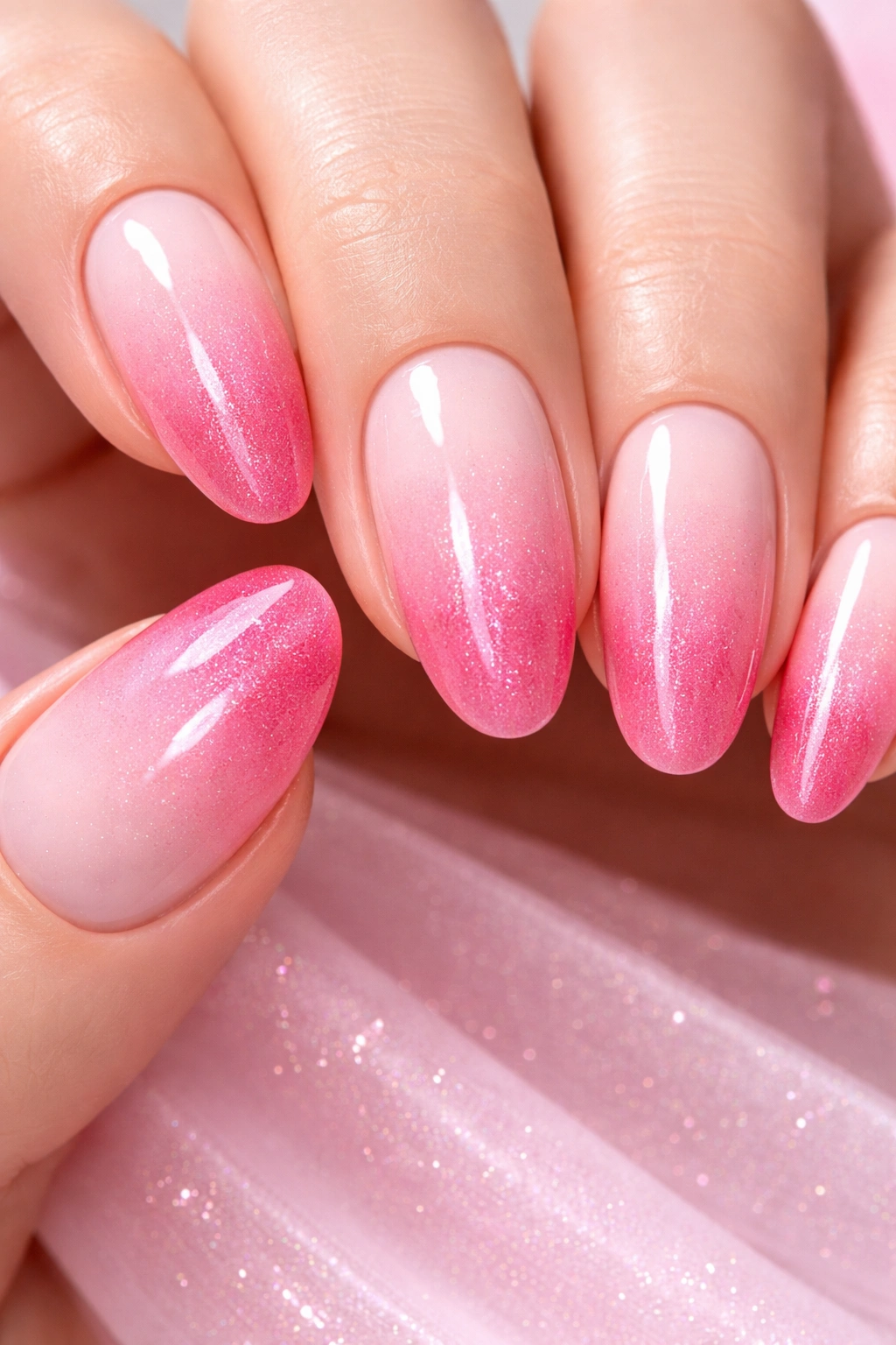 Ombré dip powder nails with a pink gradient from base to tip