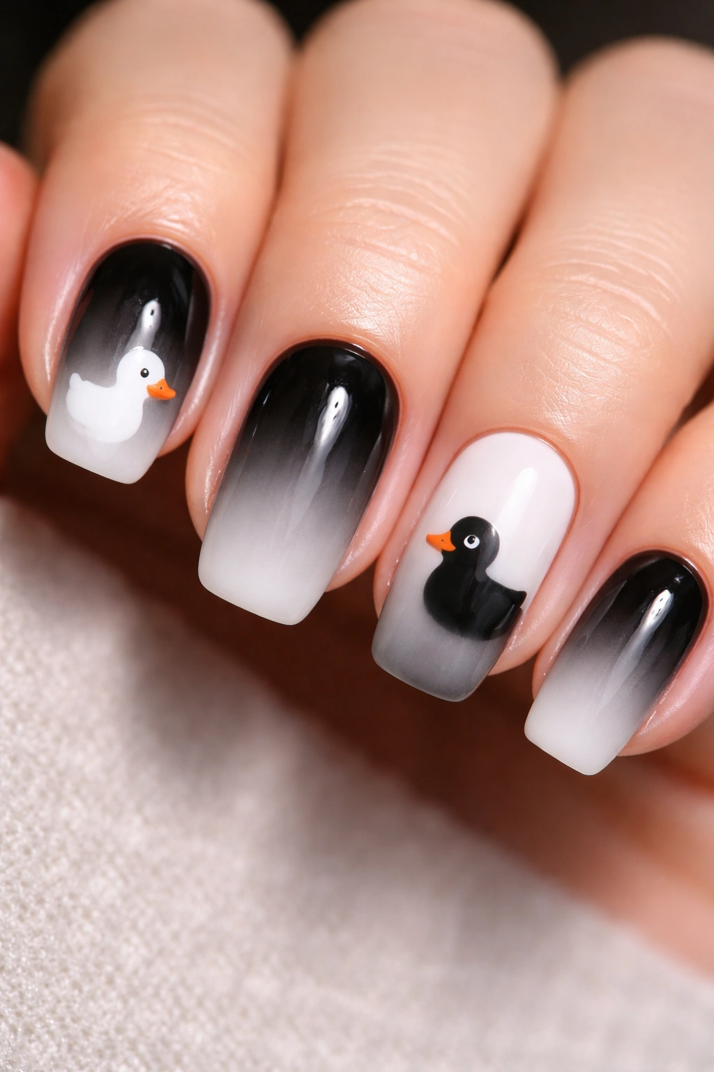 Close-up of black-to-white ombré nails with contrasting duck details.