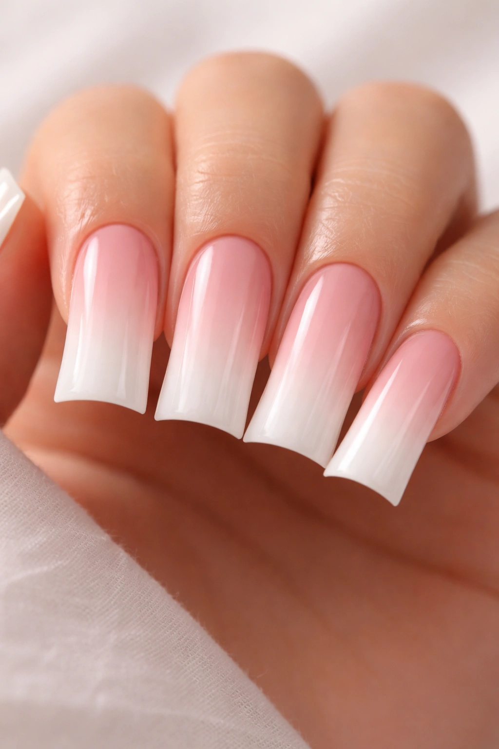 Close-up of duck nails with vertical ombre gradient from soft blush to white on the curved tips