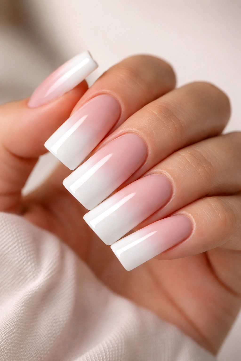 Ombre white duck nails with white-to-nude gradient on curved nails