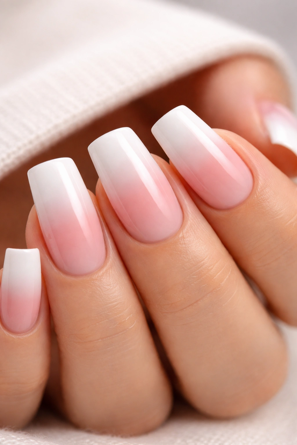 Close-up of short nails with white-to-pink ombre duck tips