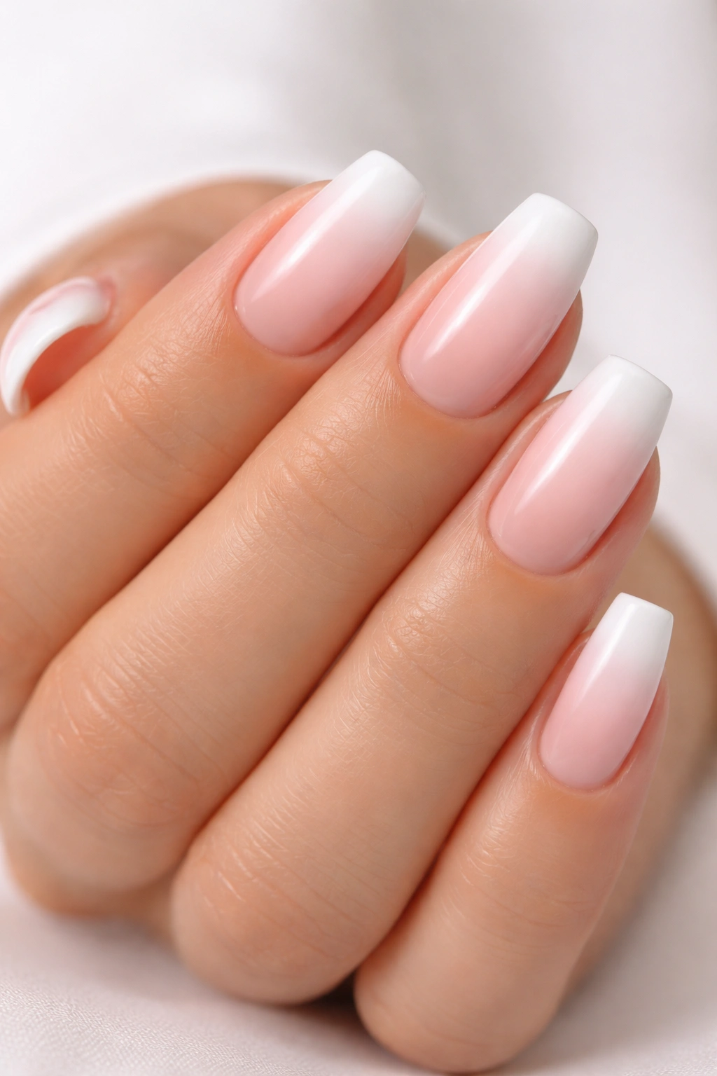 Close-up of nails with soft gradient ombre French tips on a pink base