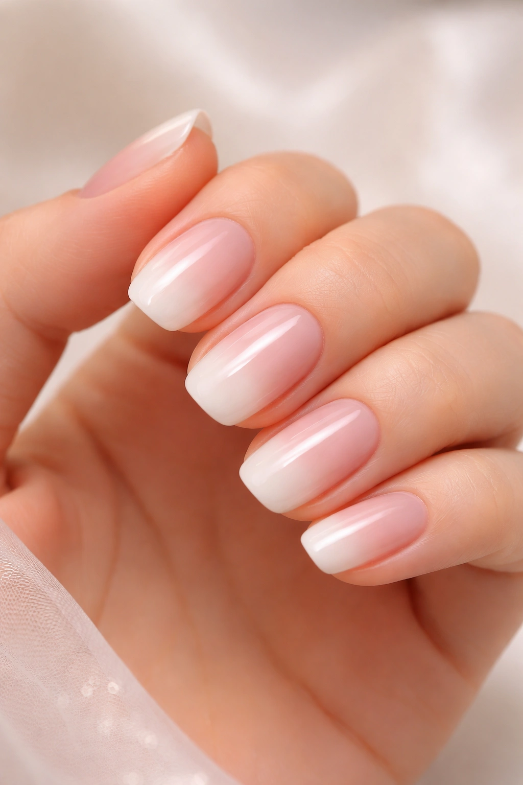 Close-up of frost ombre nails with pink to white gradient and glossy finish