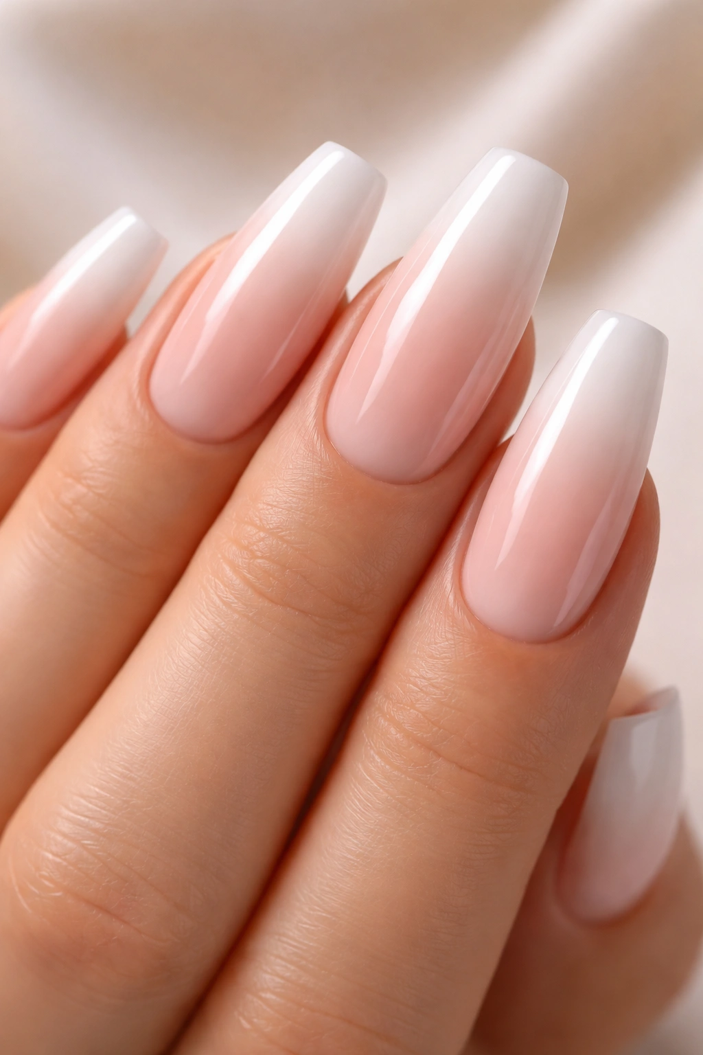 Close-up of curved coffin nails with blush-to-white ombre and glossy finish