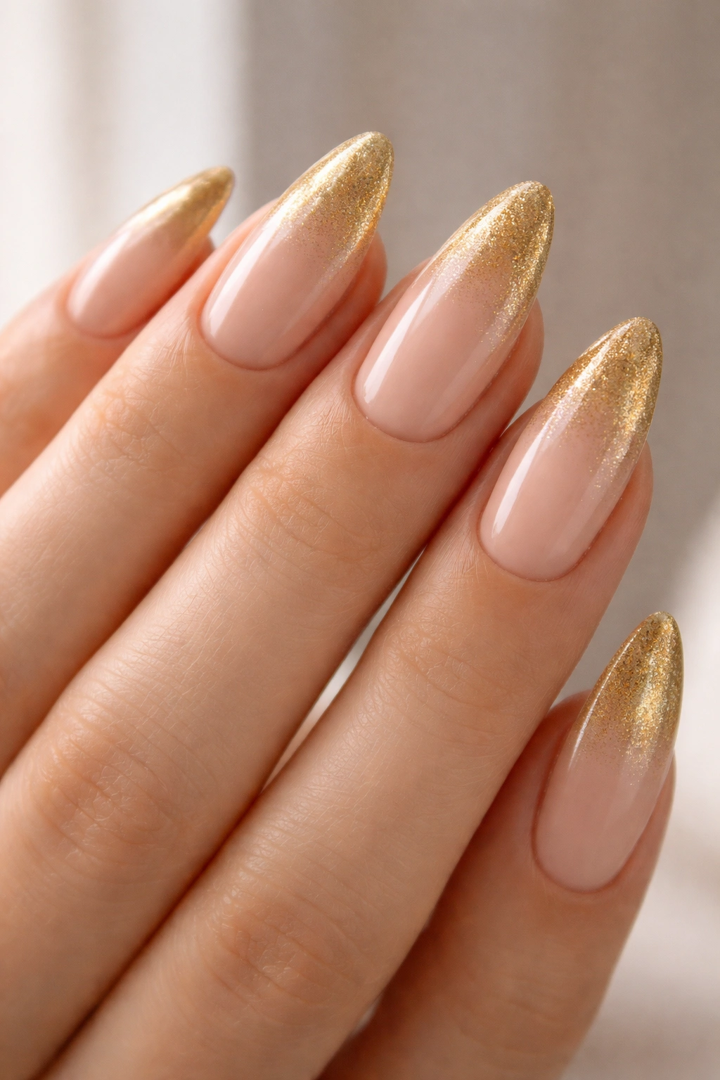 Almond nails with nude-to-gold ombre gradient on tips