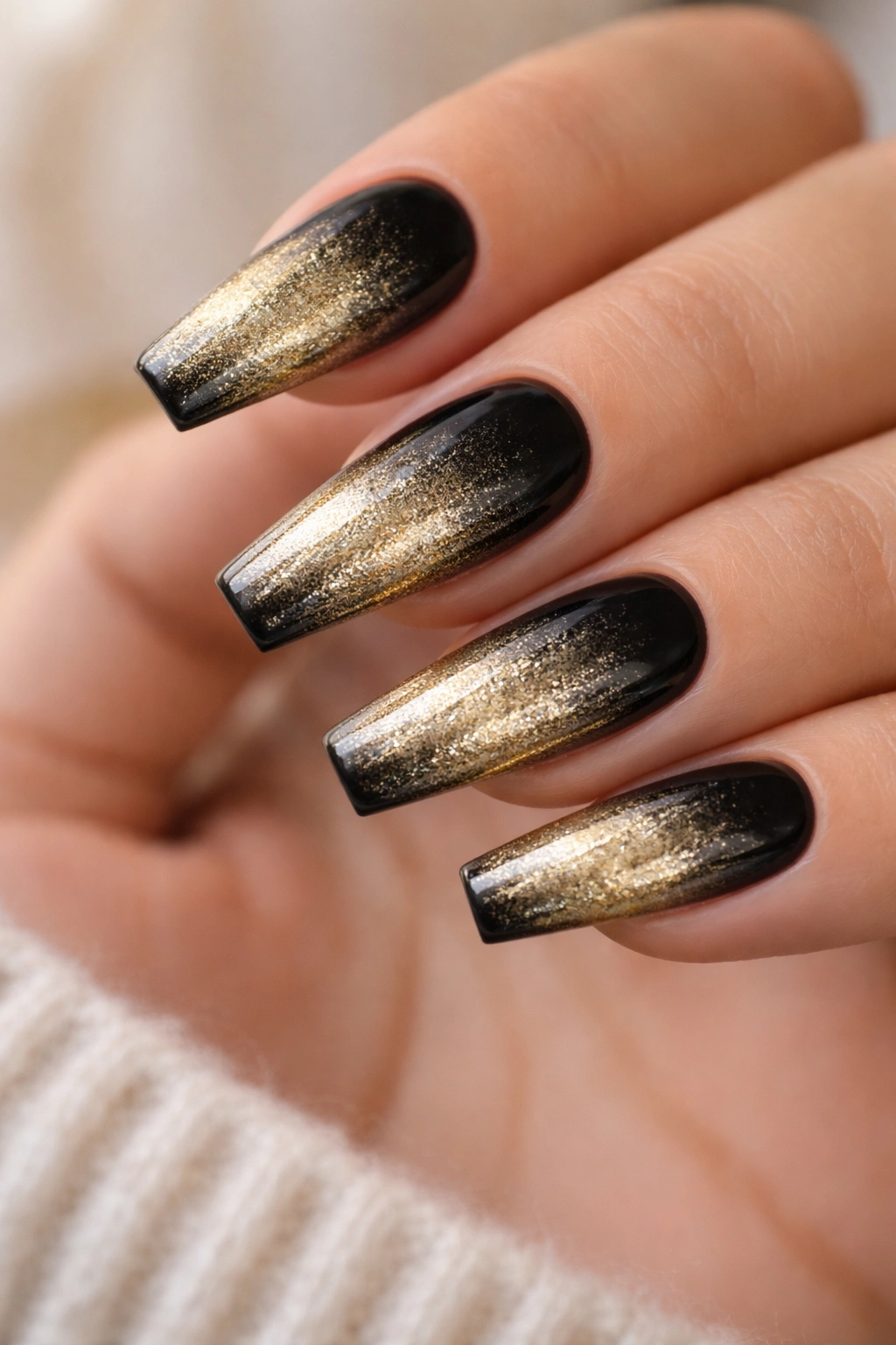 Coffin nails gold-to-black ombre gradient