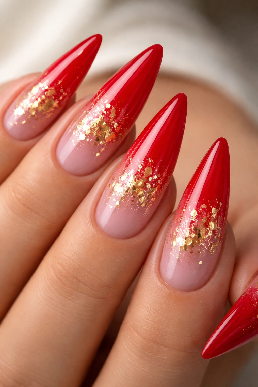 Close-up of red-to-pink ombré stiletto nails with encapsulated gold leaf visible in gel layers