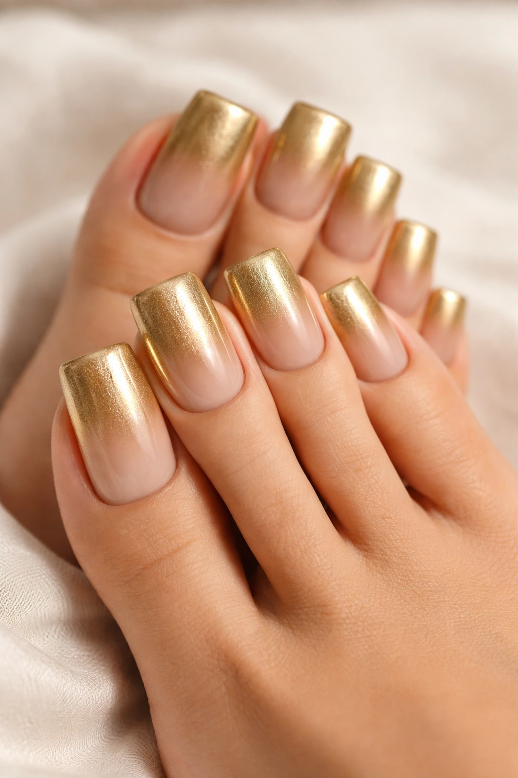 Close-up of gold to nude ombre duck nails on toenails.
