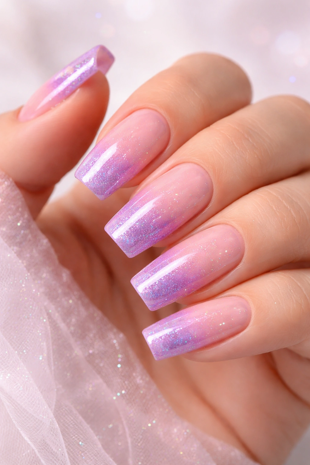 Ombre nails gradient on medium-length acrylic nails with glitter accents