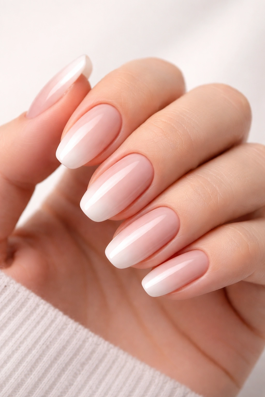 Close-up of hand with soft pink to white ombré nails