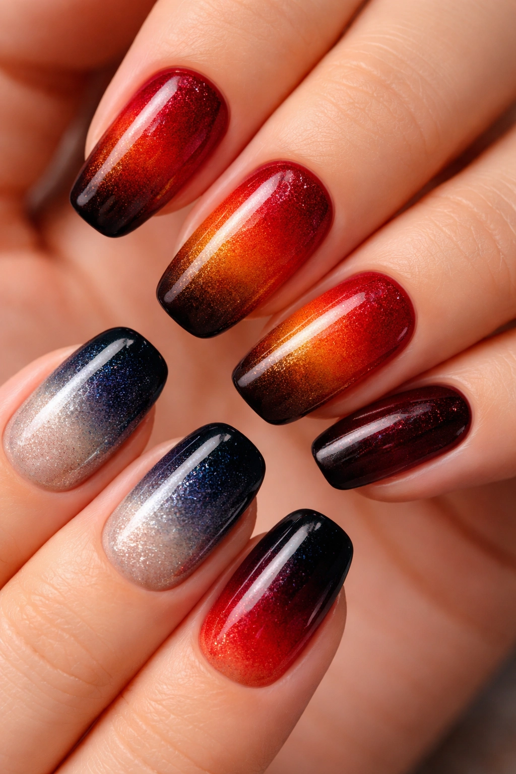 Close-up of ombre nails with smooth red-to-black or navy-to-silver gradient