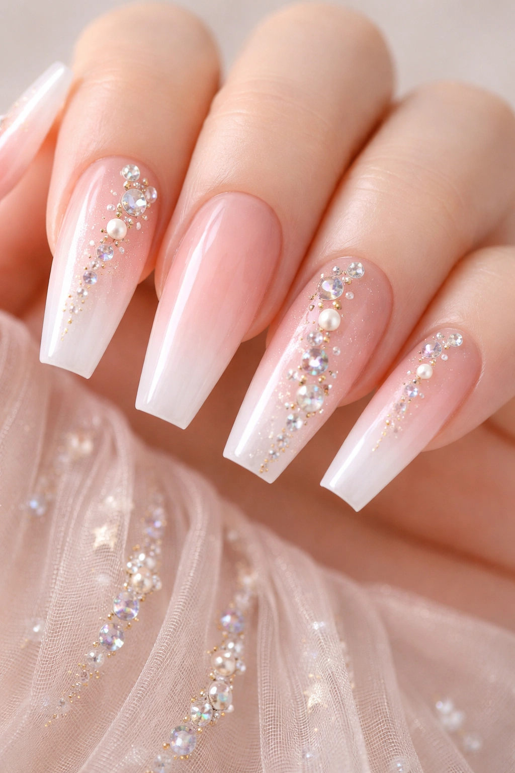 Ombre nails with gradient-placed charms following the color transition
