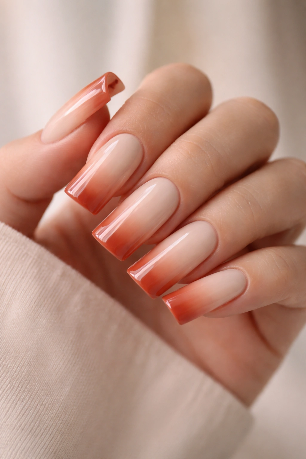 Close-up of gradient ombré duck nails from ivory to terracotta on curved tips
