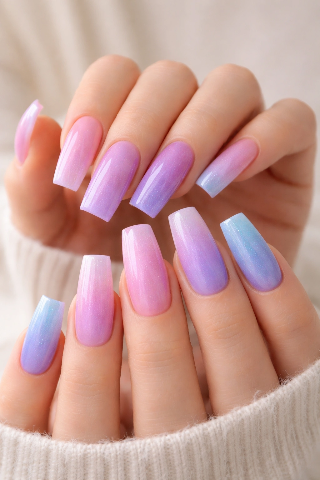 Two hands displaying coordinated ombre nails from pink to purple and lavender to blue