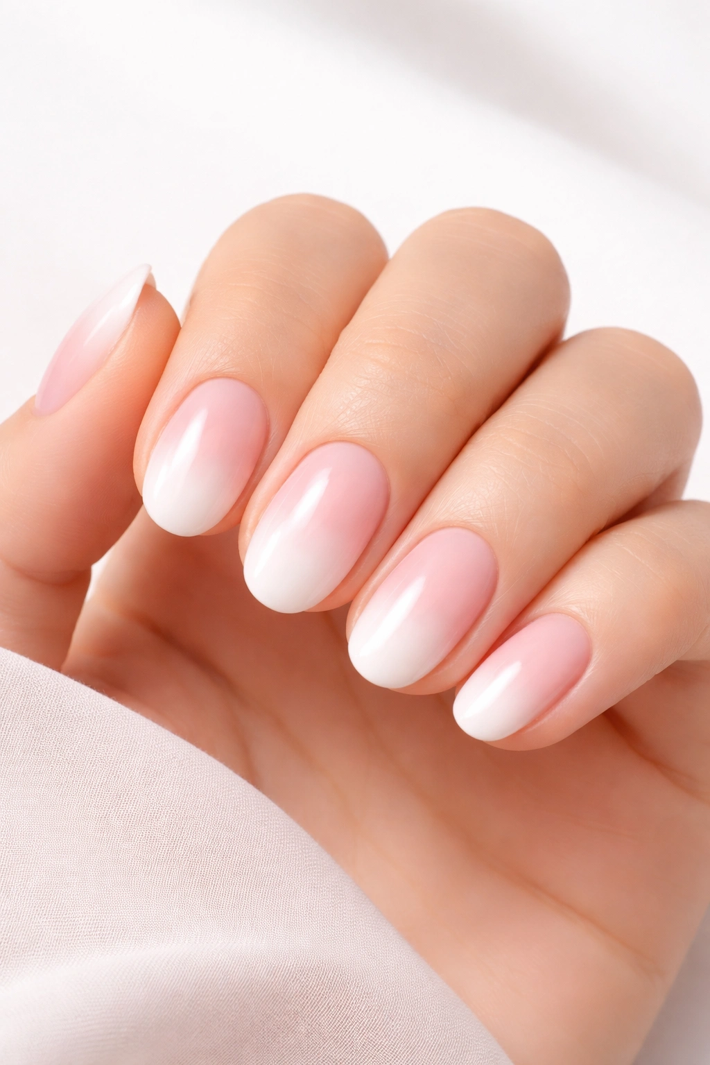 Close-up of ombré nails with a soft pink to white gradient on neatly shaped nails