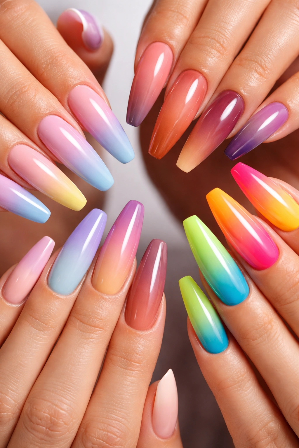 Long nails with seamless ombre gradients from base to tip