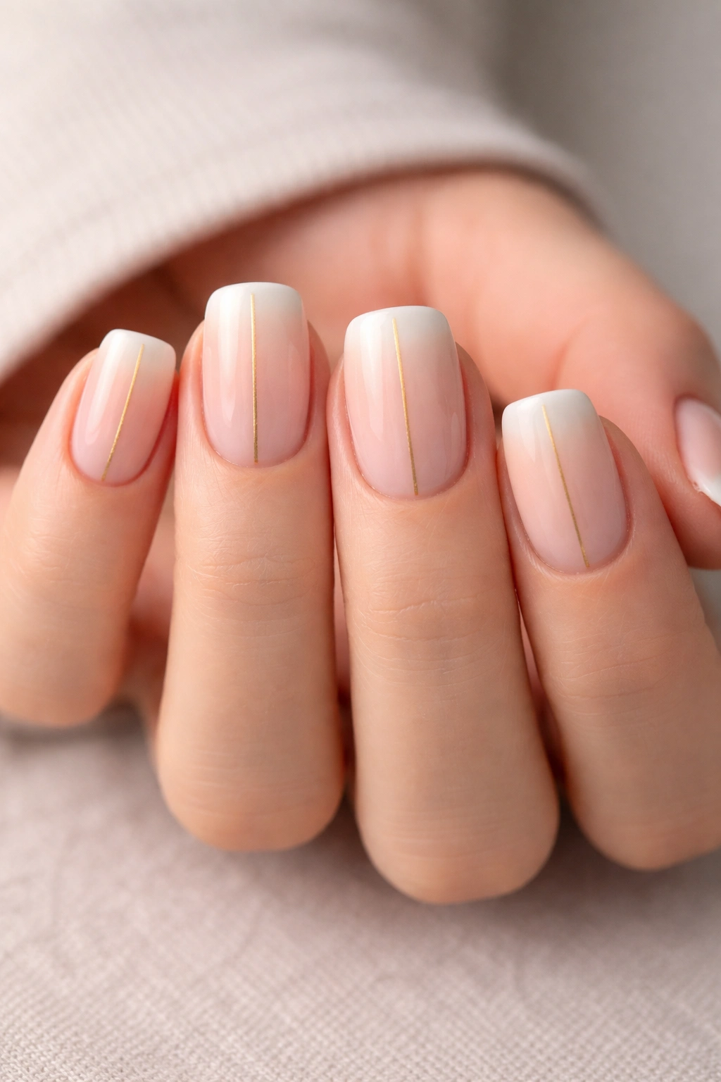 Close-up of short squoval nails with nude-to-white gradient and a gold center line