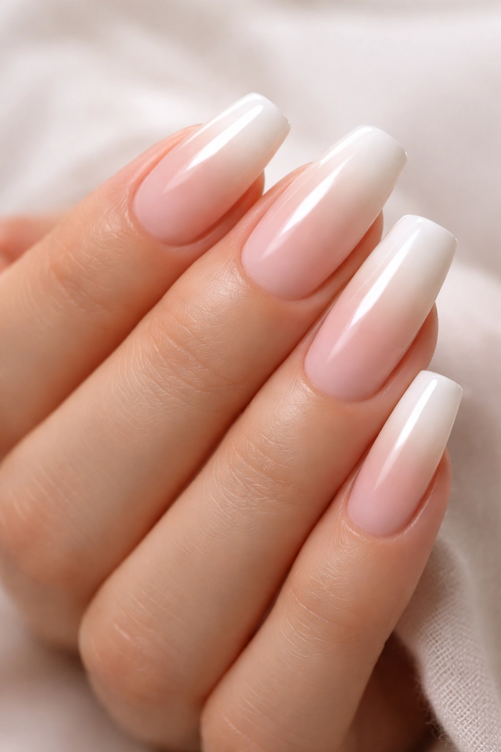 Close-up of squoval nails with a soft pink-to-white-to-cream ombre gradient