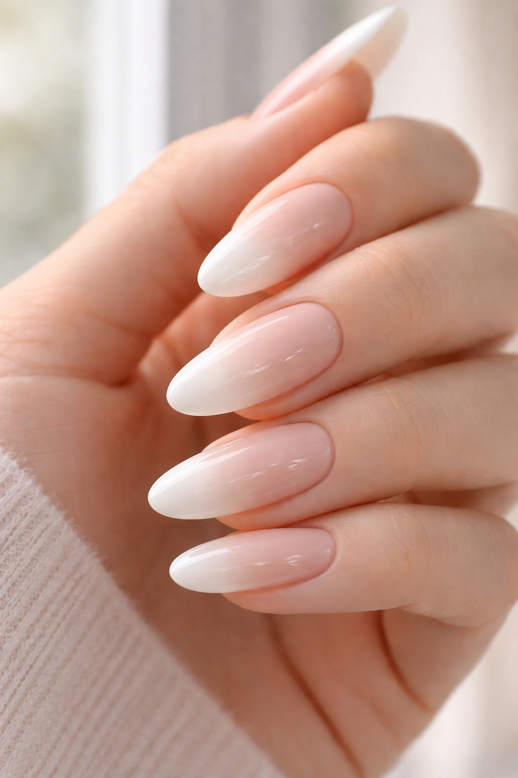 Long rounded nails with nude to pale pink to white ombre gradient