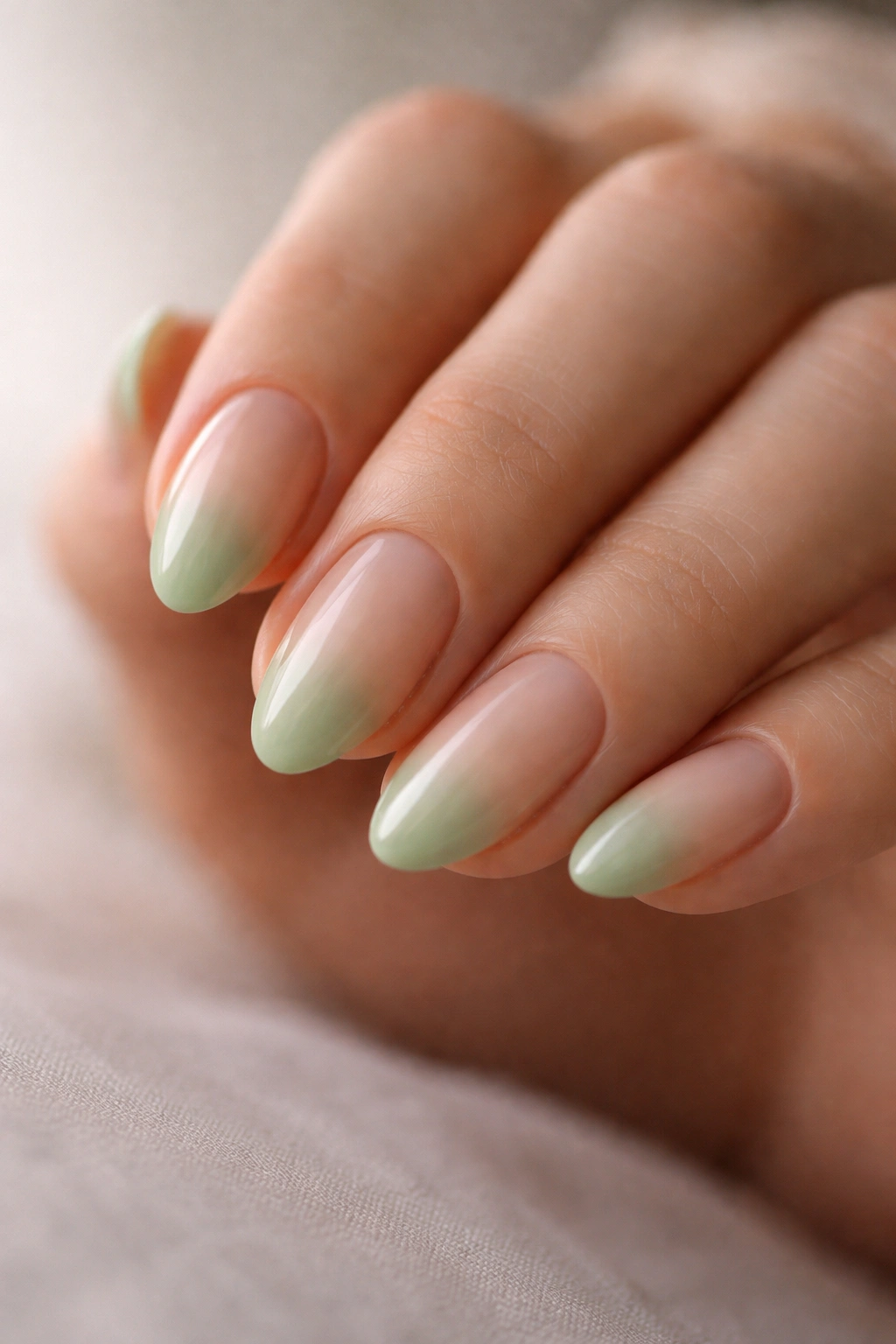 Close-up of soft green ombre nails on short almond shape