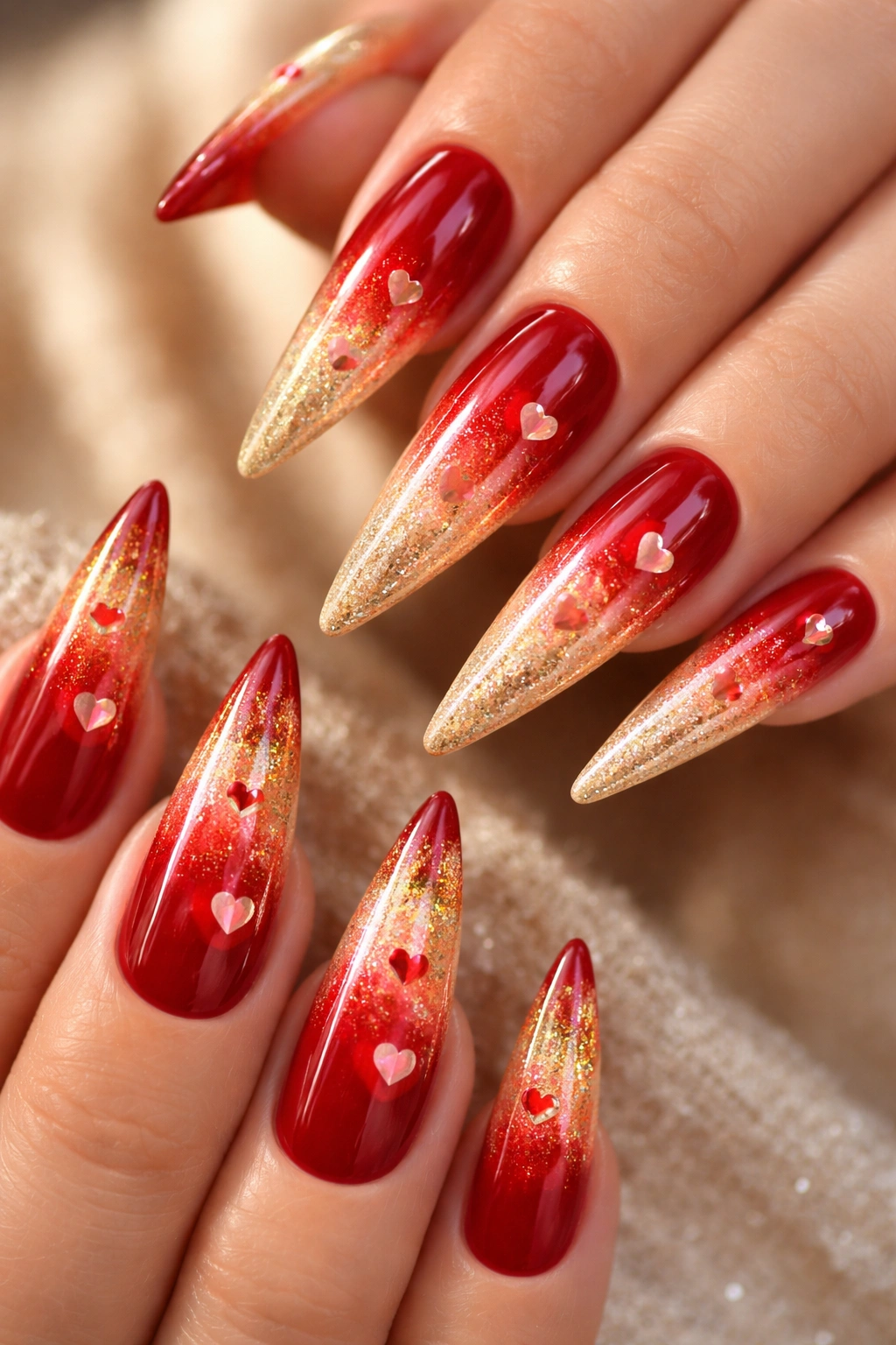Stiletto nails with red-to-gold ombre and hearts across the gradient