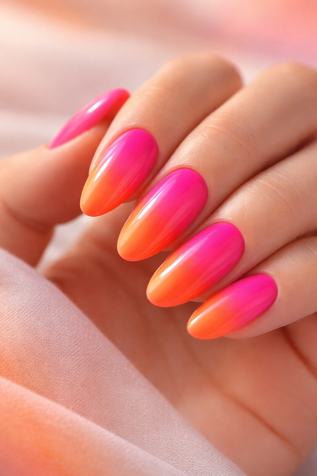 Hot pink to orange ombre nails in sunset gradient