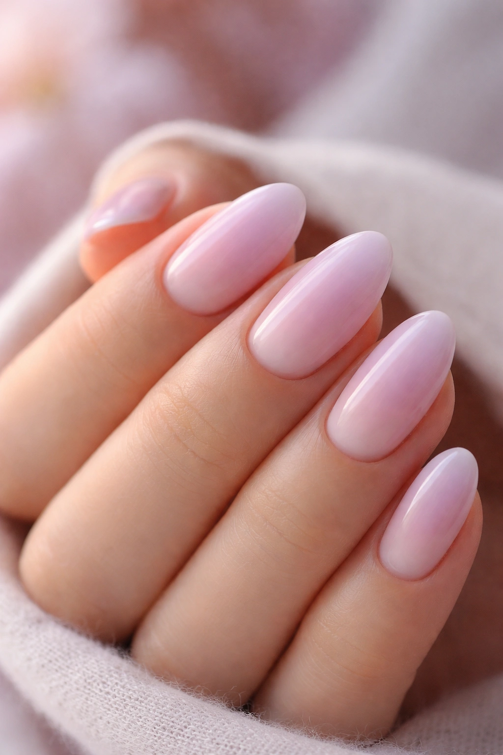 Short almond nails in lavender to pink milk ombre on neutral background