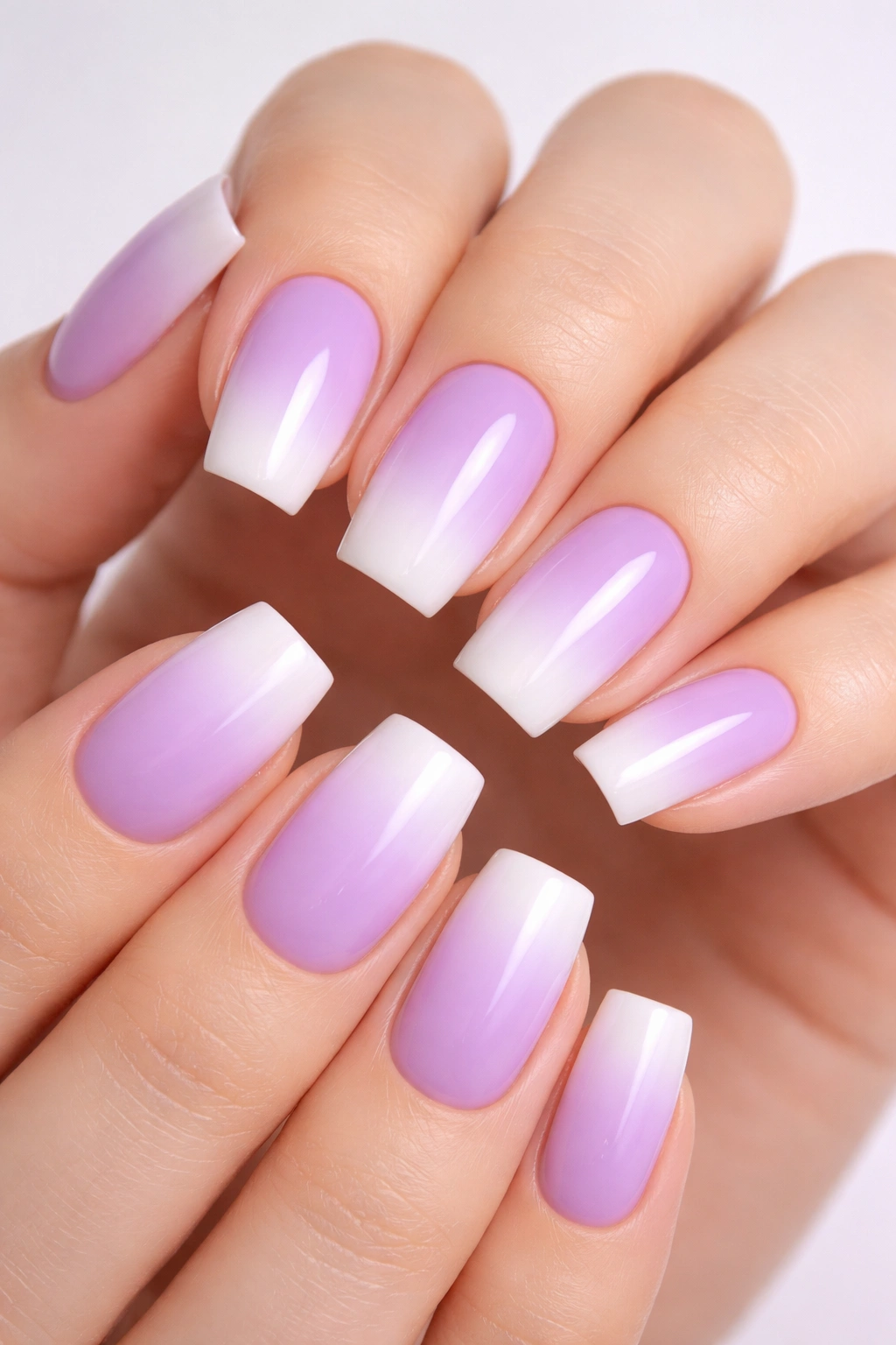 Close-up of ombre lavender to white gradient on soft square nails