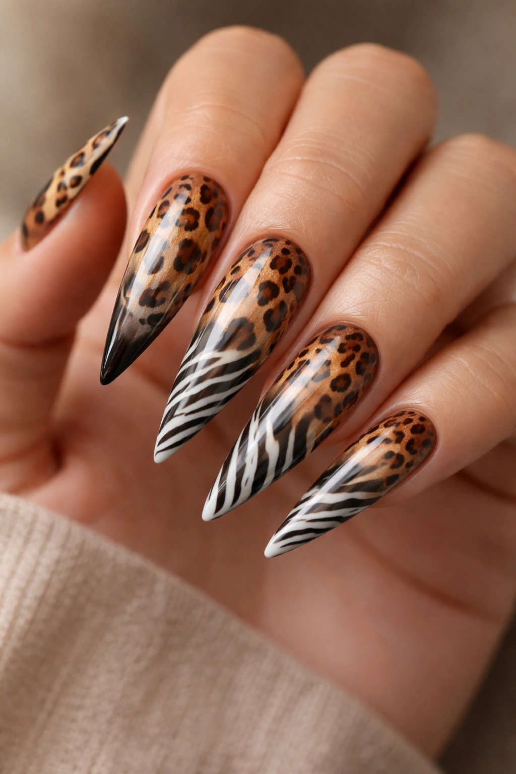 Close-up of long stiletto nails with leopard-to-zebra ombré transition on a neutral background