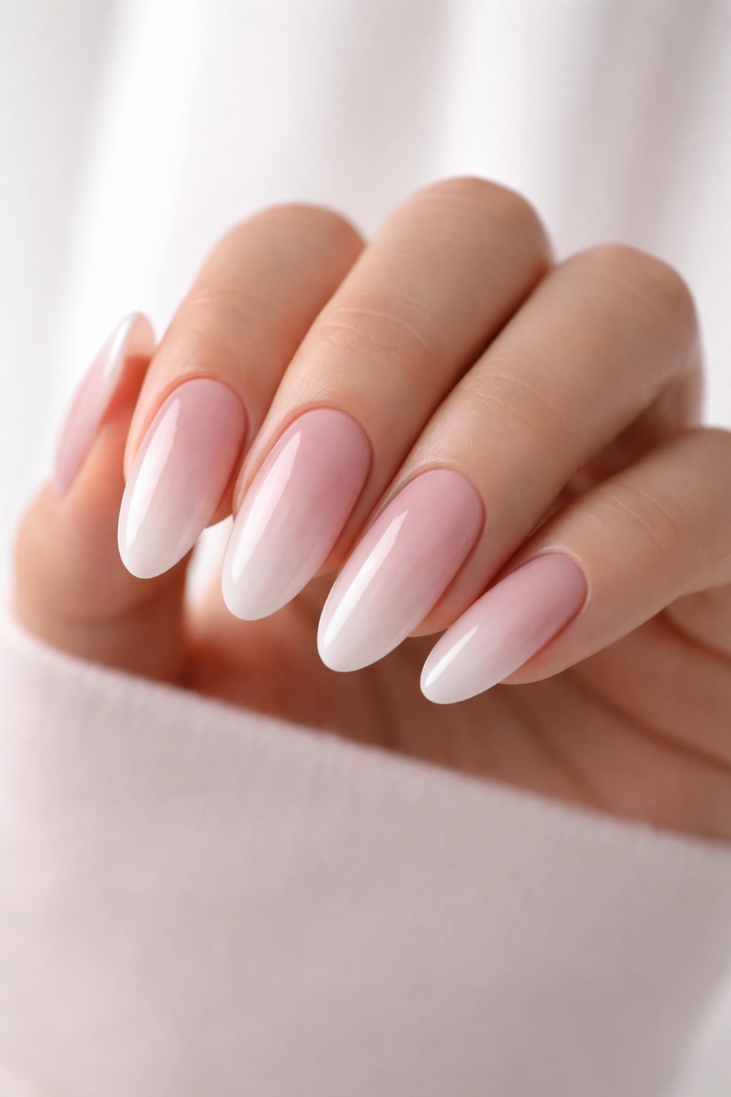 Close-up of long oval nails with a blush-to-pearl ombre gradient on a hand in a minimalist studio setting
