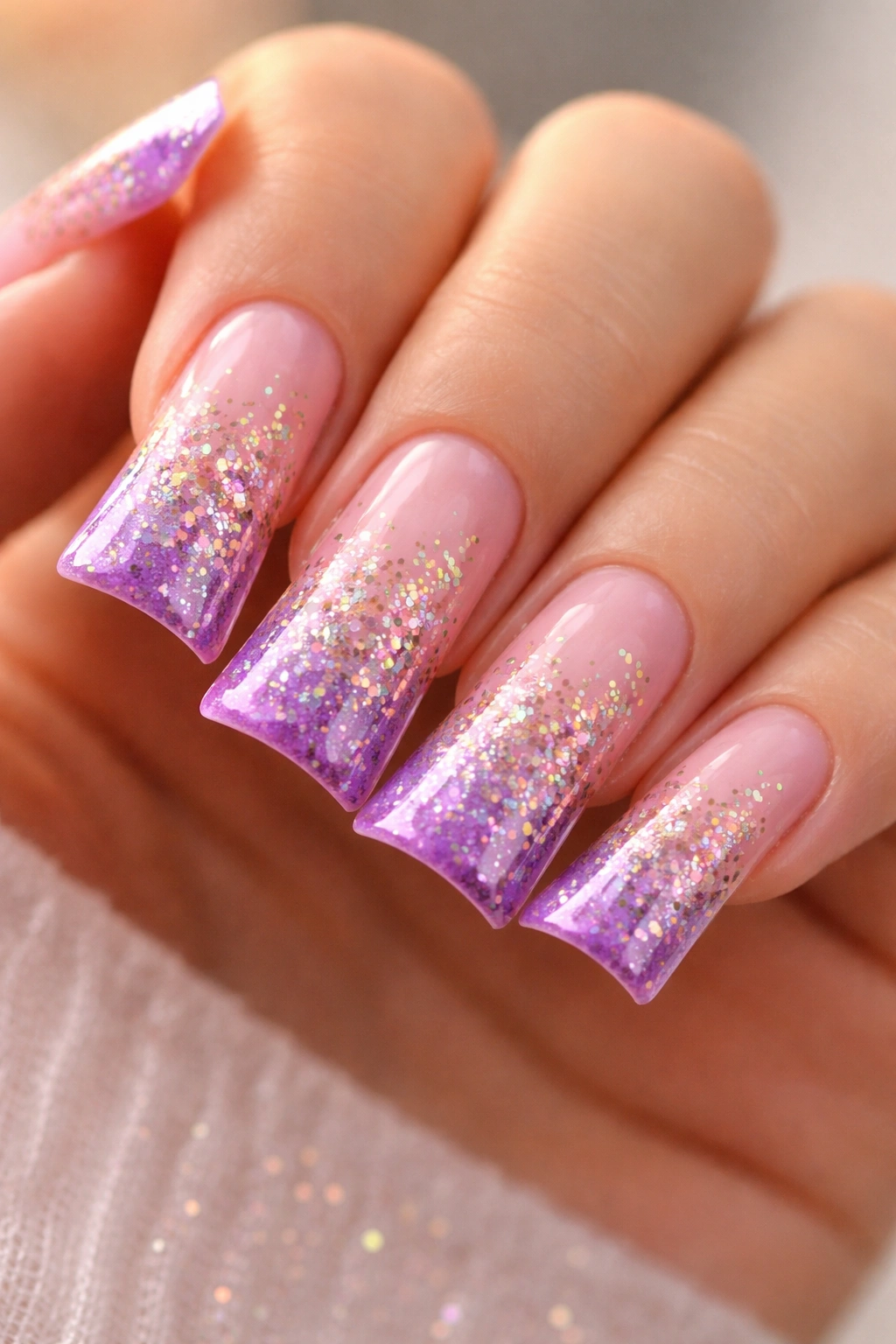Duck nails with pink to purple ombre and metallic flakes across gradient