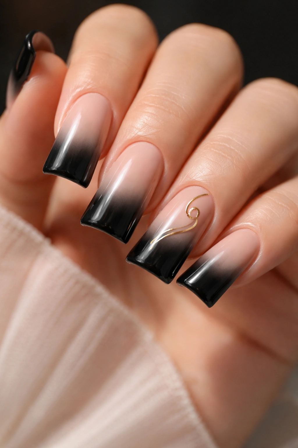 Nude to black ombre duck nails with a small gold motif hinting at a numeral