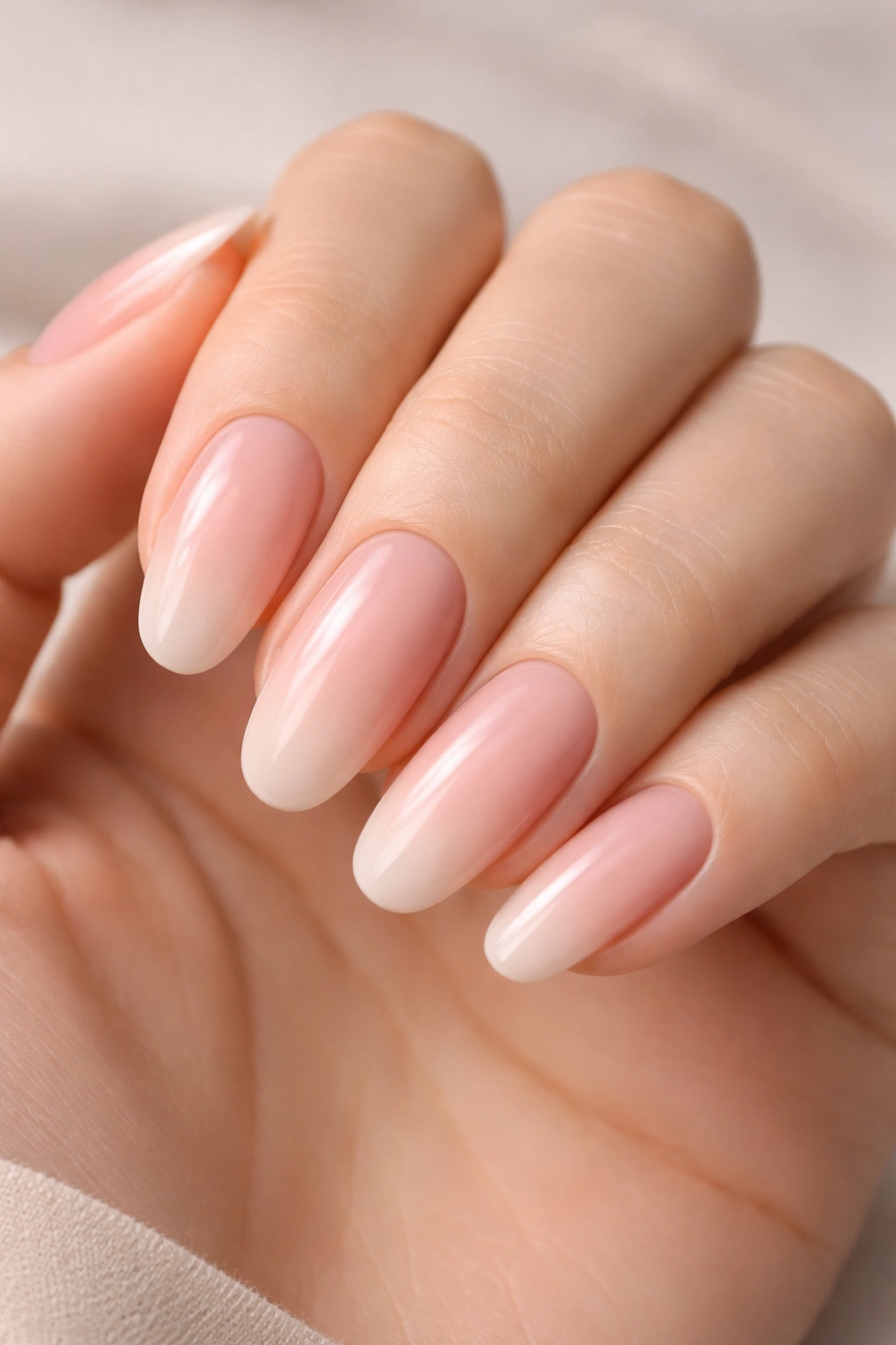 Close-up of nails with nude to blush ombre gradient