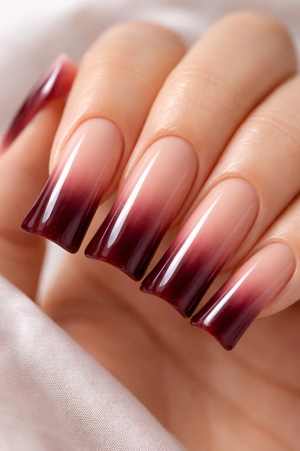 Close-up of a slim duck nail with a nude-to-burgundy ombré gradient