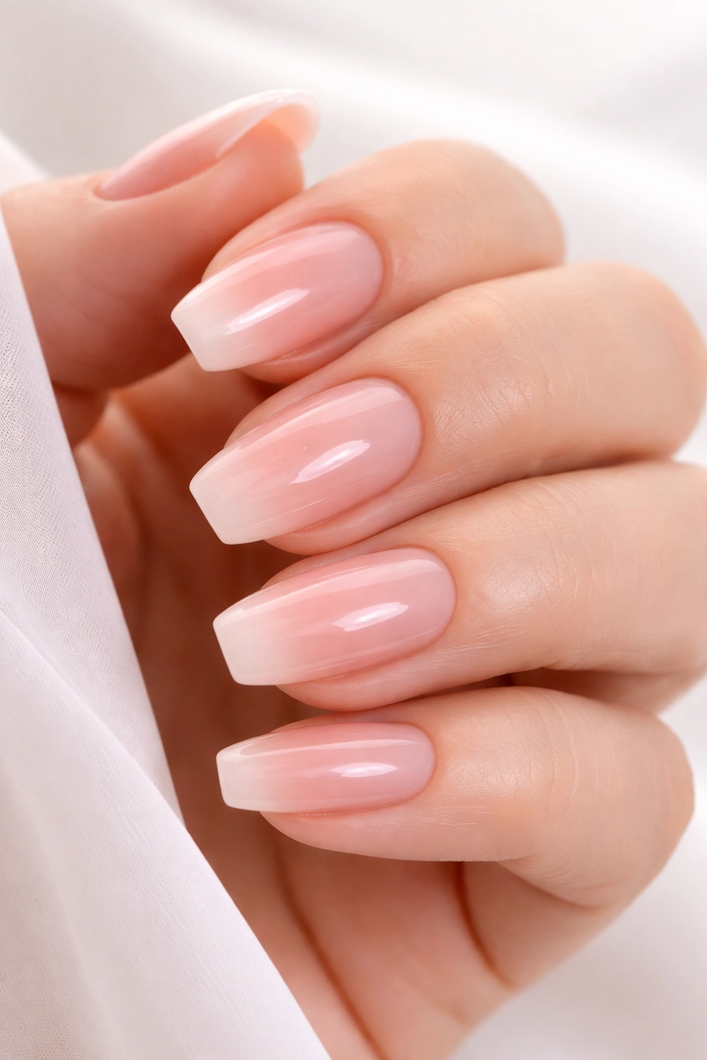 Close-up of soft ombre nails from nude to pink on medium-length nails