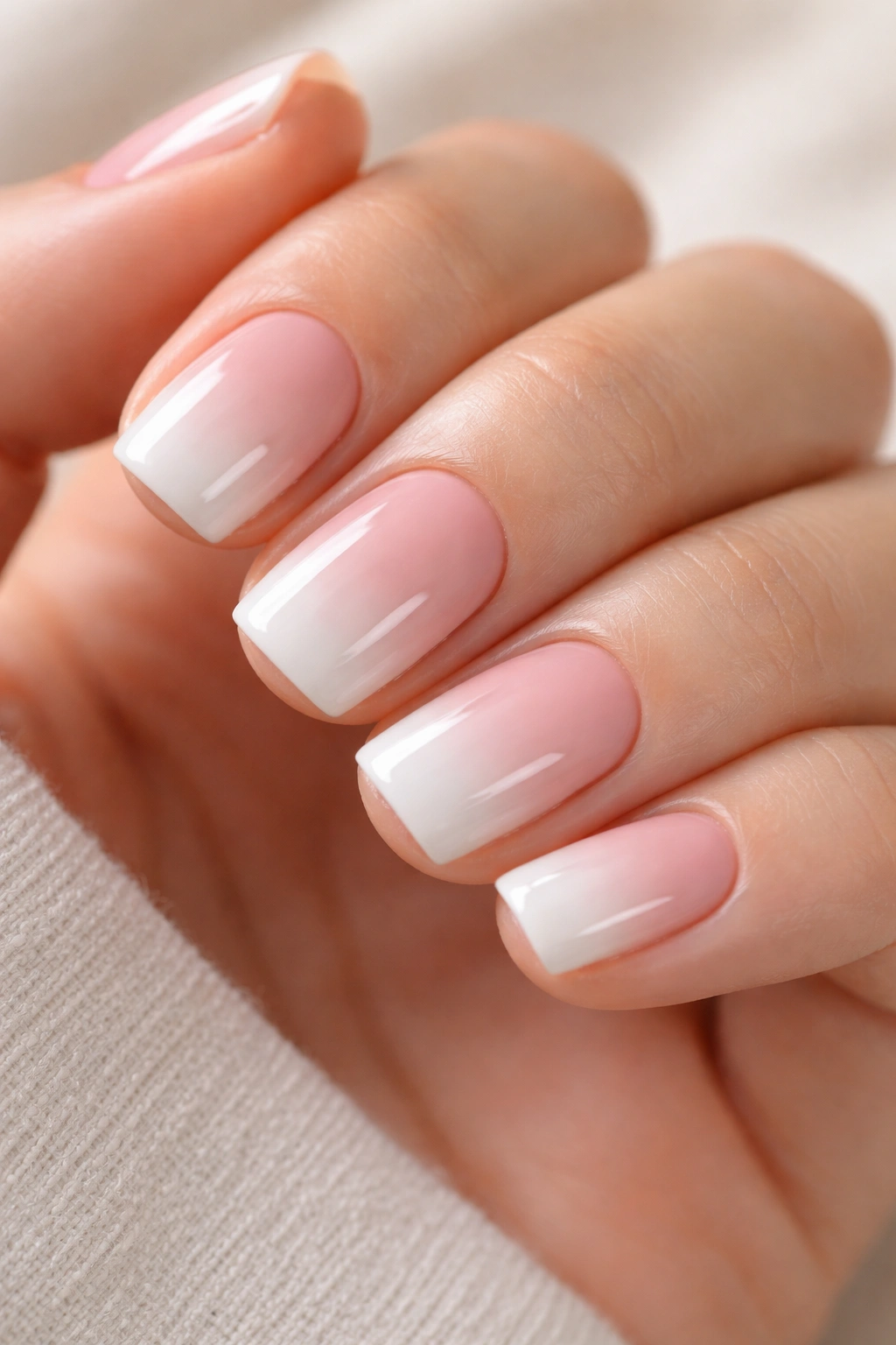 Close-up of short squoval nails with nude pink to white ombre gradient