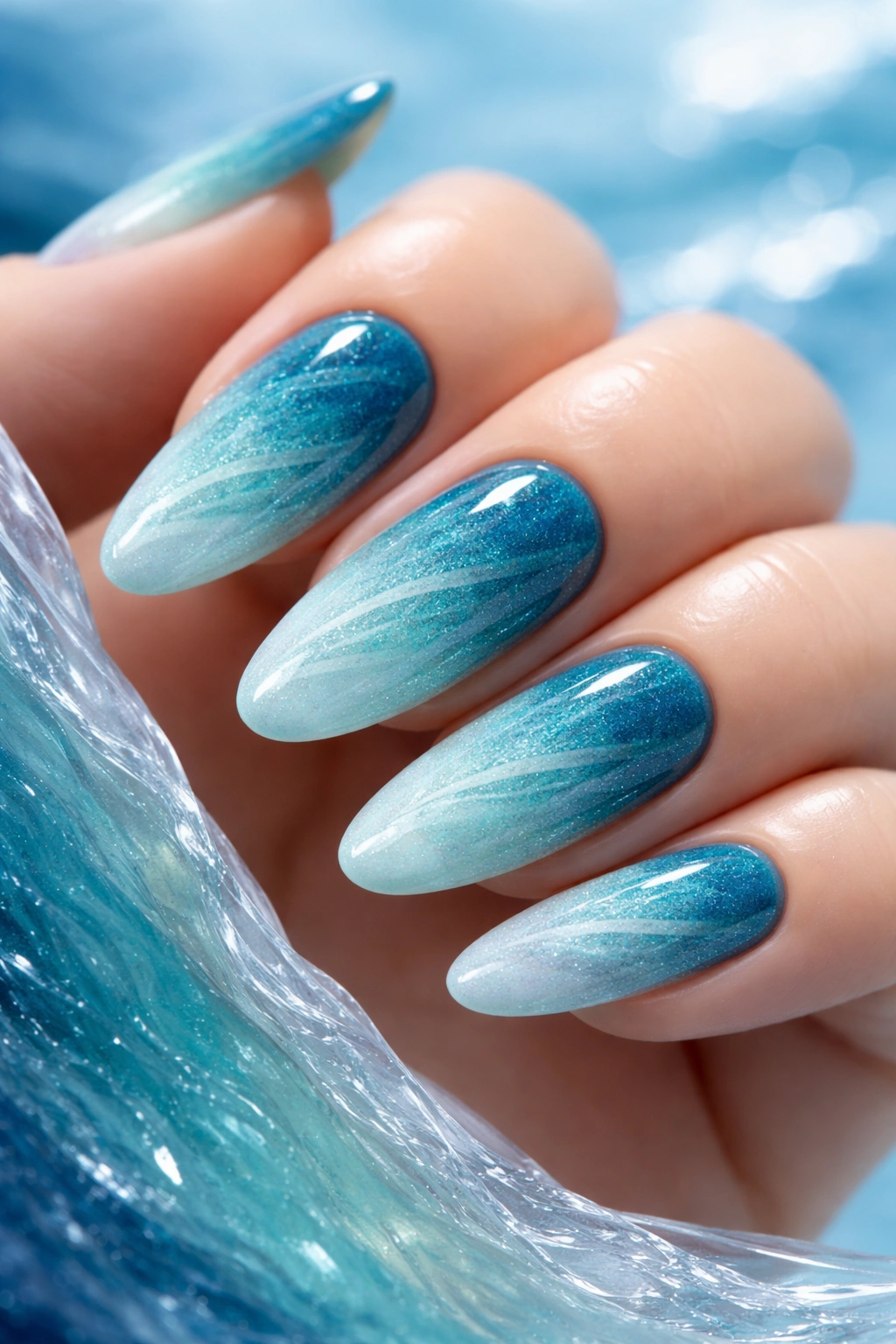Long oval nails with ocean ombre gradient from teal to pale blue.