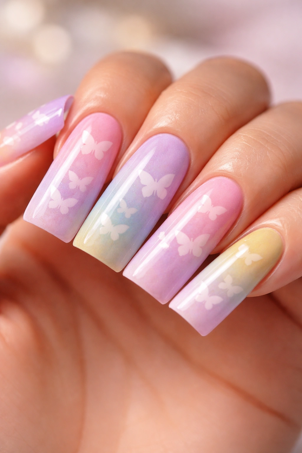 Pastel duck nails with ombré gradient and subtle butterfly silhouettes