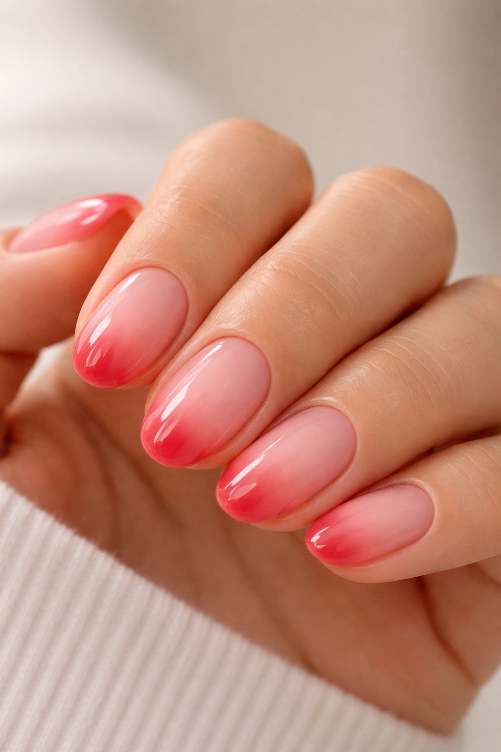Close-up of short oval nails with pink to cherry sorbet ombre tips