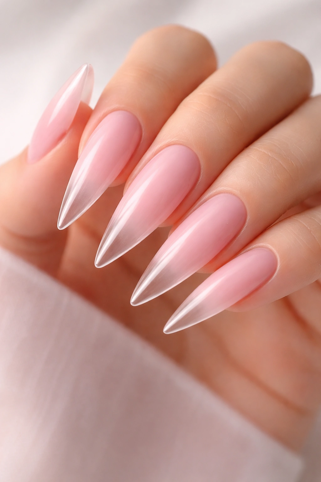 Baby pink stiletto nails with sheer ombre to clear tips