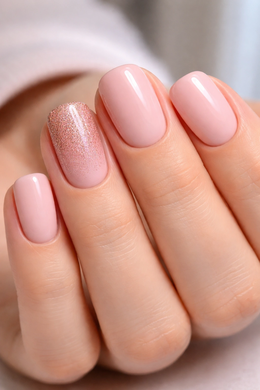 Accent nail with pink-to-rose-gold glitter ombré on a hand