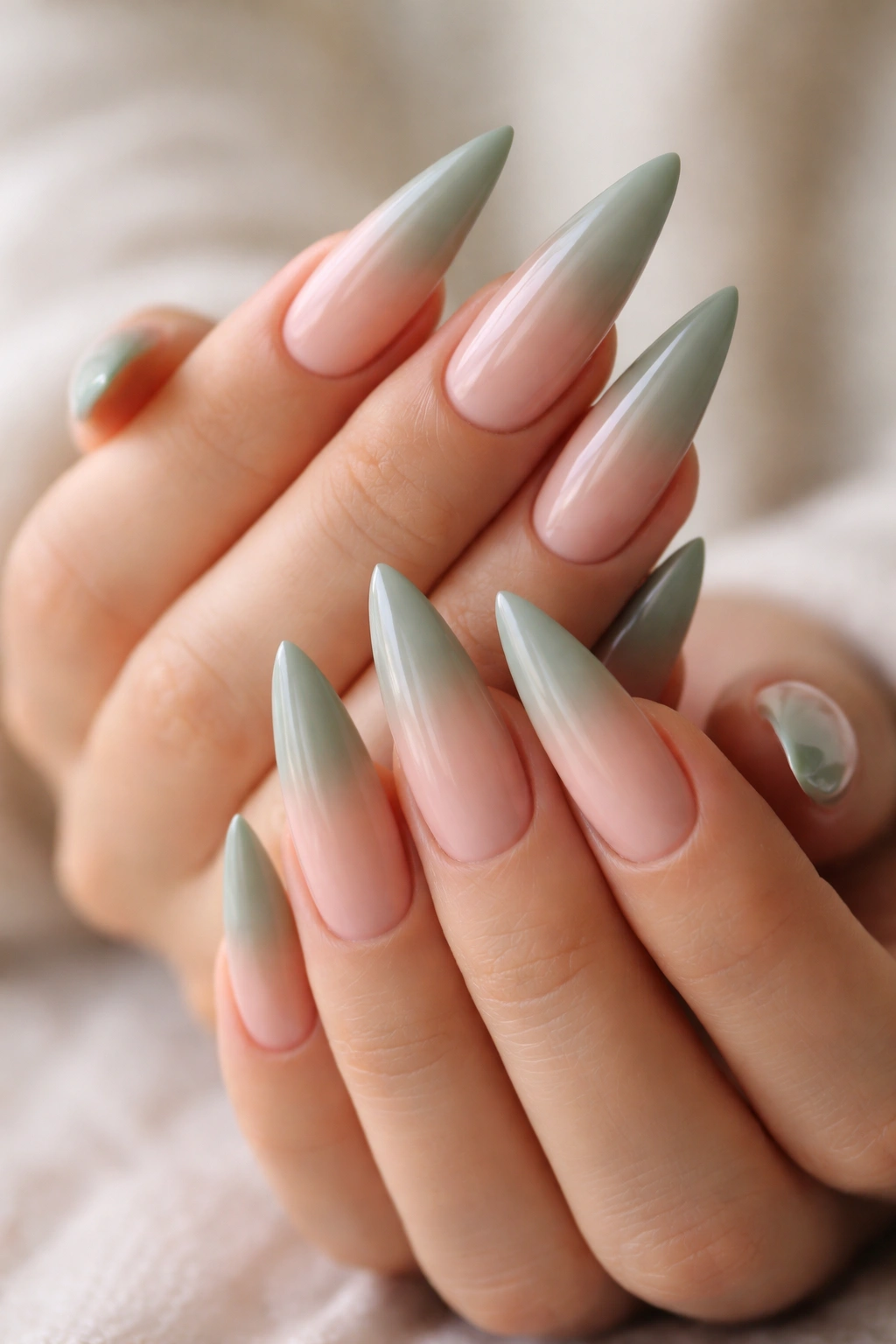 Close-up of stiletto nails with peachy pink to sage green ombre gradient