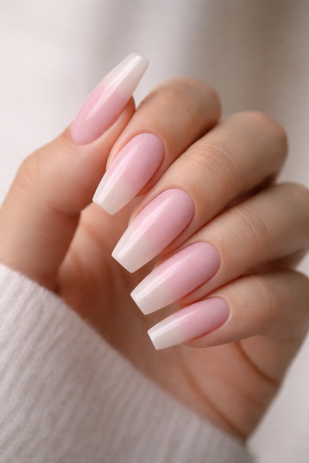 Light pink to nude ombre coffin nails close-up