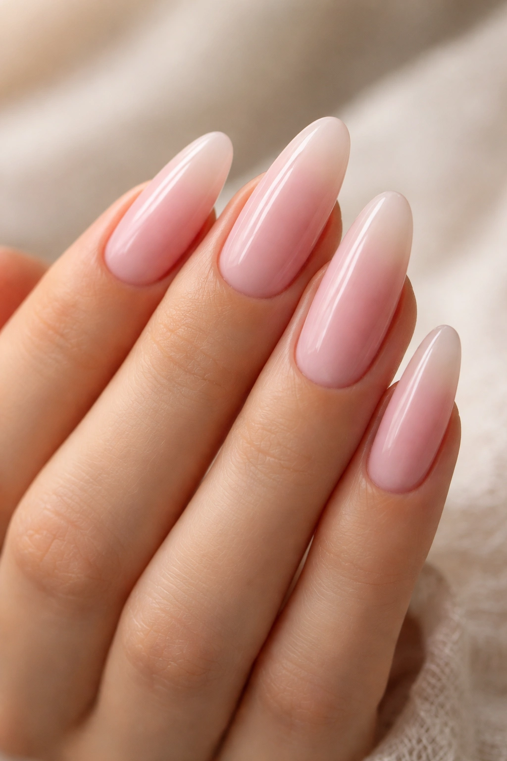 Close-up of soft pink ombre long oval nails on hand