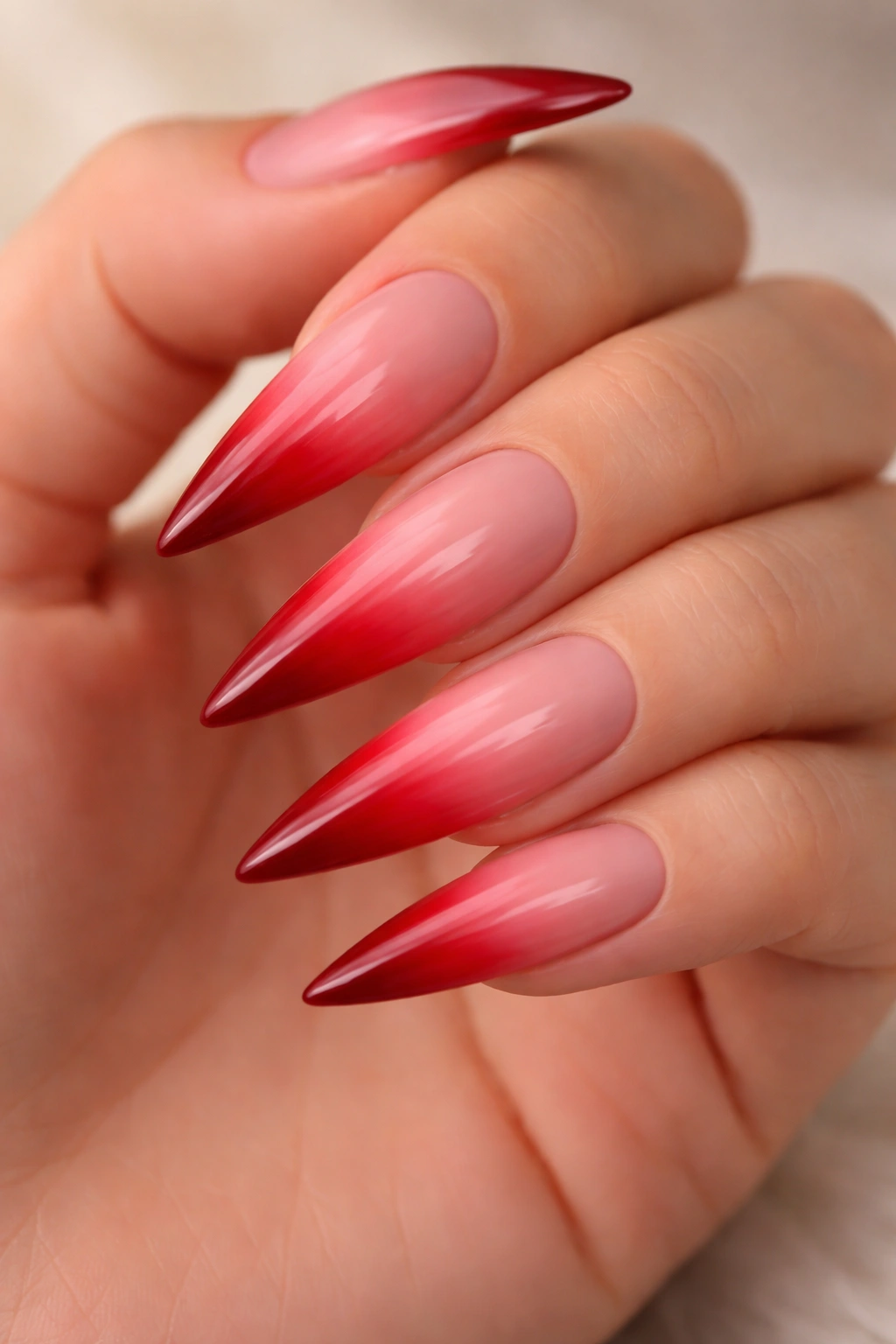Close-up of ombré stiletto nails transitioning from blush pink to deep red