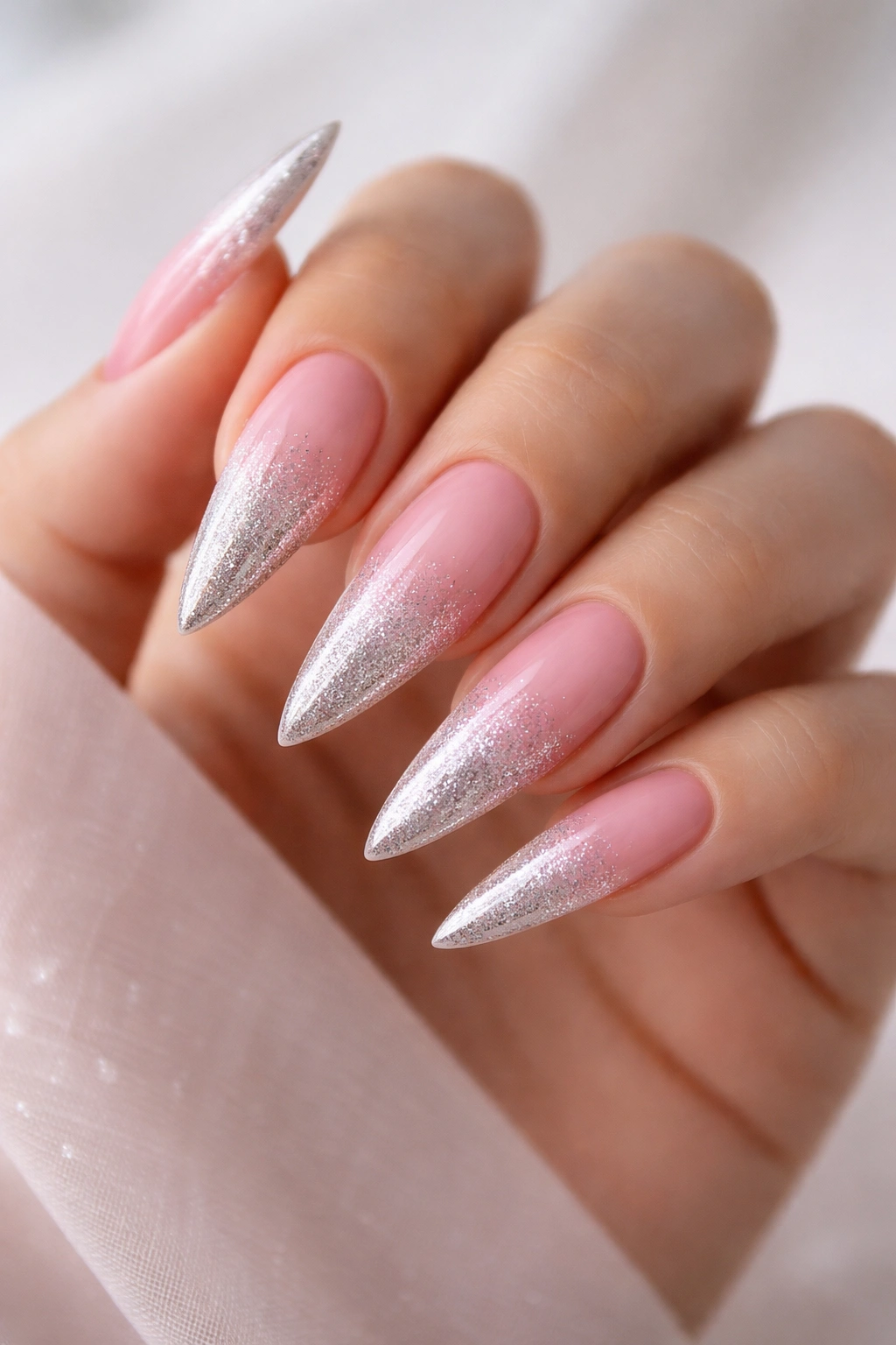 Close-up of a hand with ombré pink to silver stiletto nails