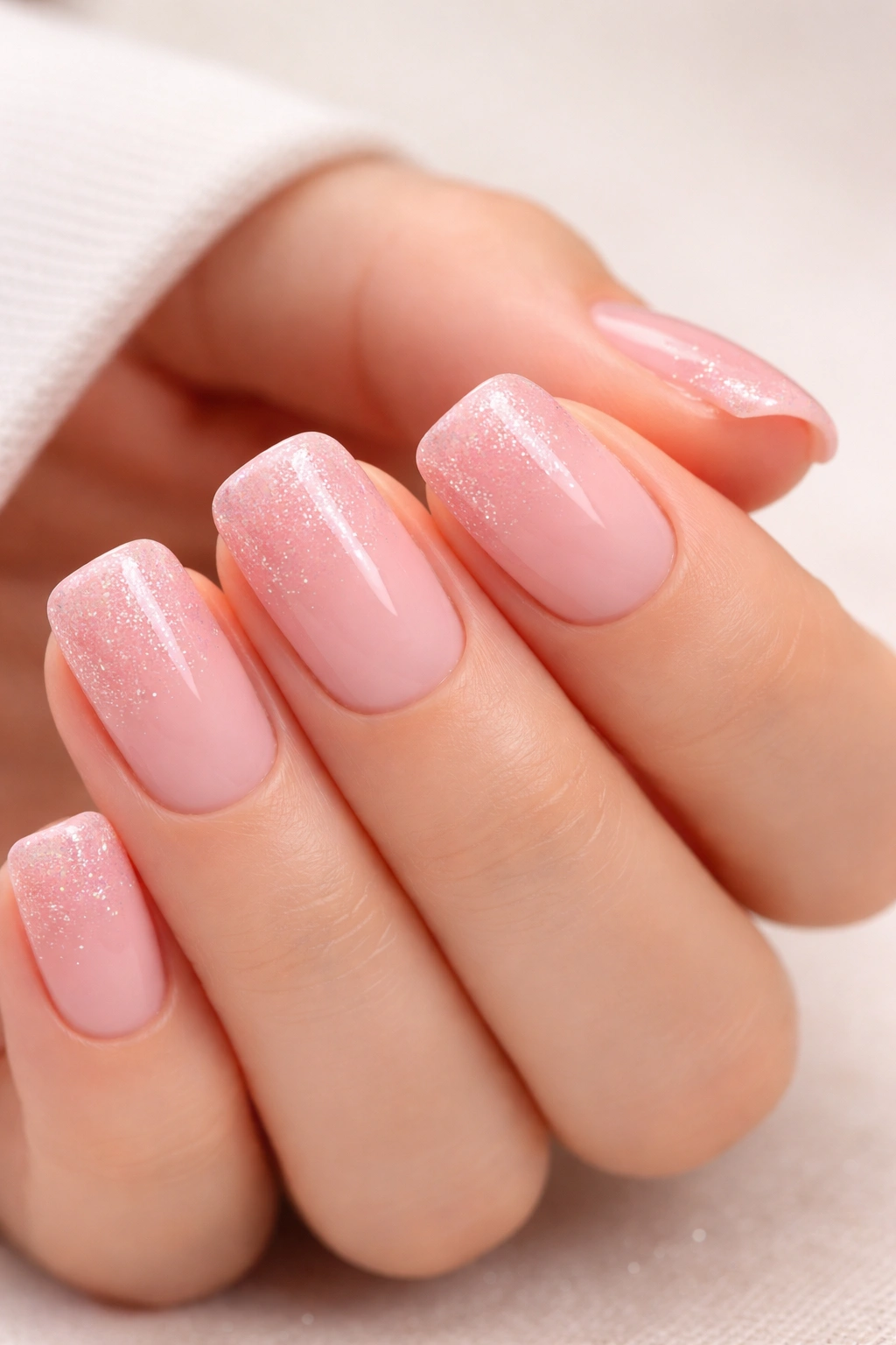 Nails with soft pink ombré and glitter gradient on short squoval nails.