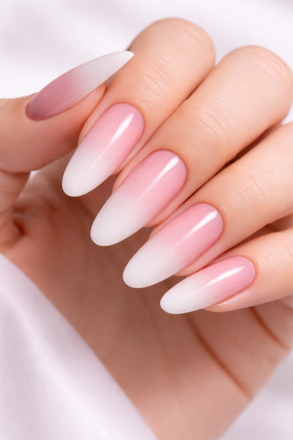 Close-up of ombré pink to white gradient on extra-long oval nails