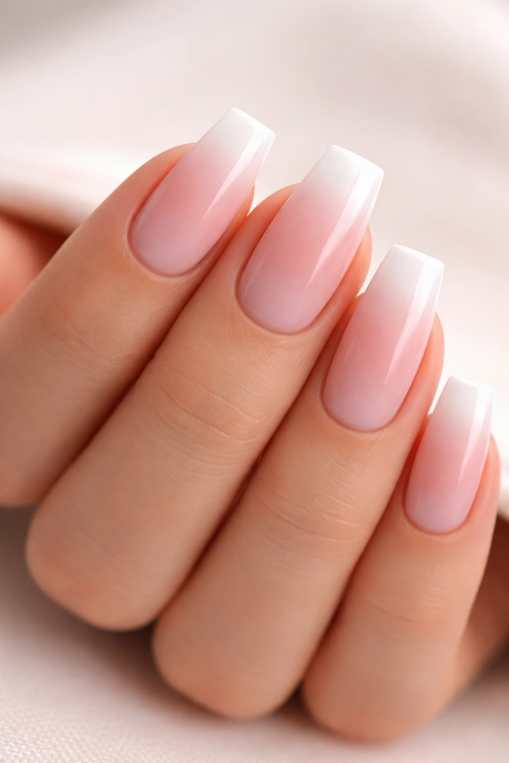 Close-up of nails with soft pink ombré fading to white at the tips.